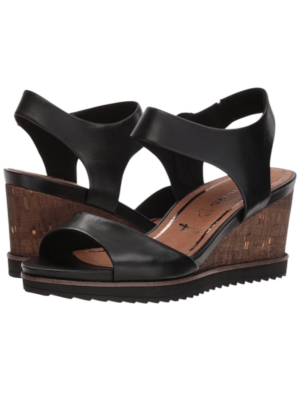 Tamaris Black Leather Cork Wedge Sandals NWT EU 39